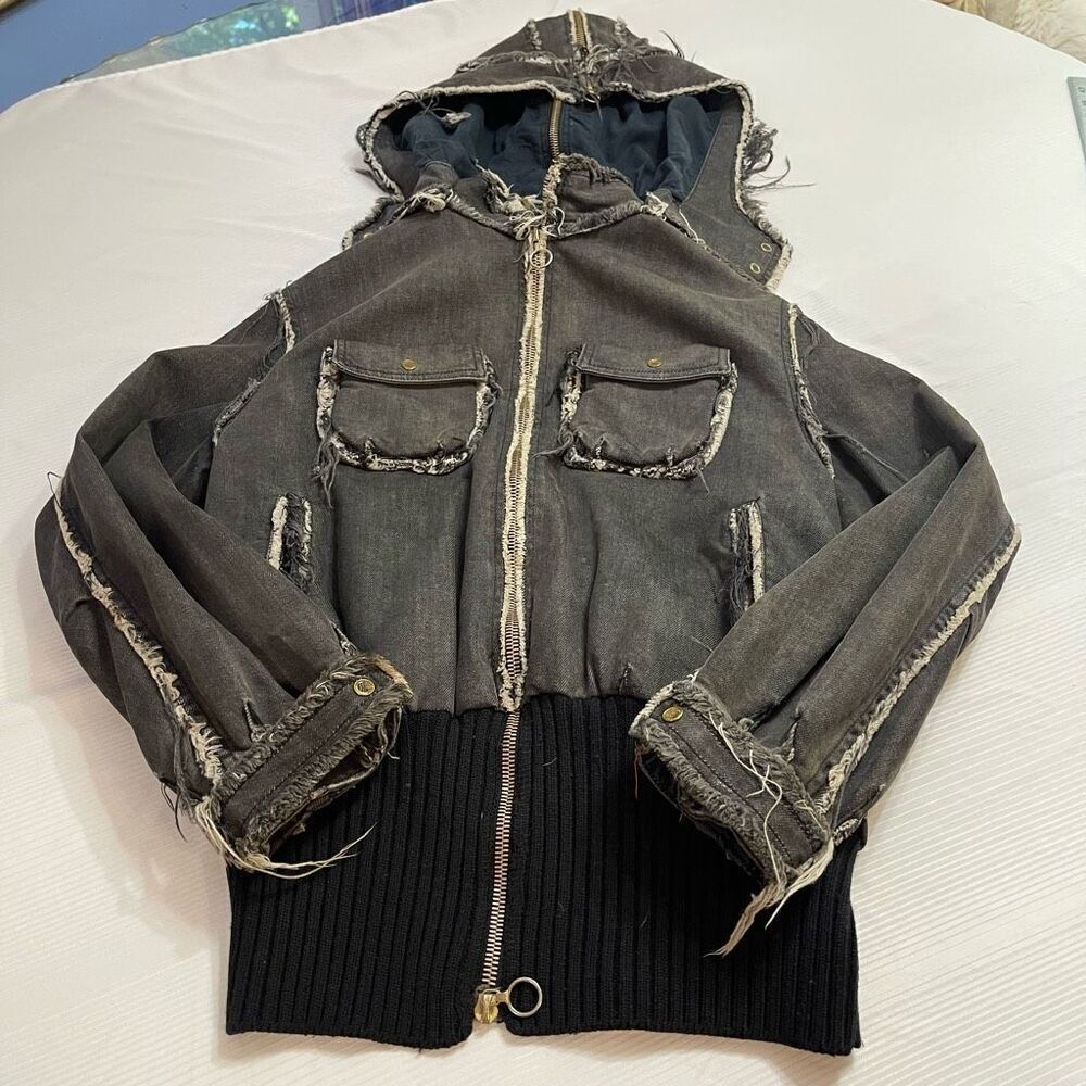 Stella McCartney Distressed Destroyed Denim Raw Seam Bomber Jacket Size 38